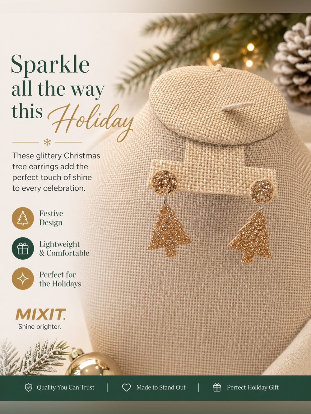 Rose Gold Polymer Tree Earrings Christmas Holiday Glitter